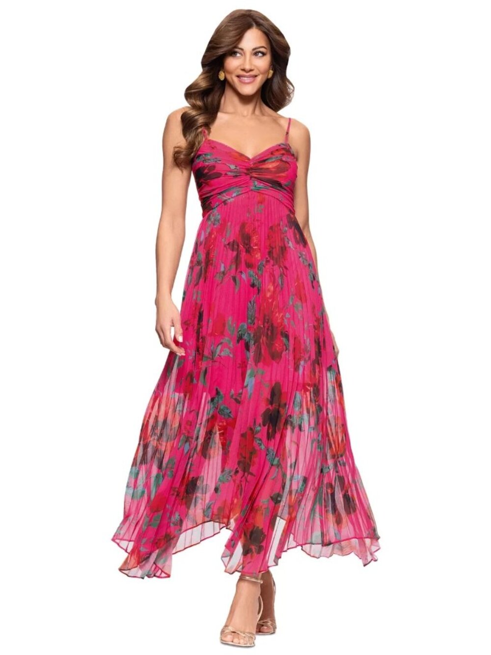 Xscape Pink Floral Printed Sweetheart Spaghetti Strap Dress
